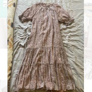 Cleobella mauve print midi dress with tie waist.